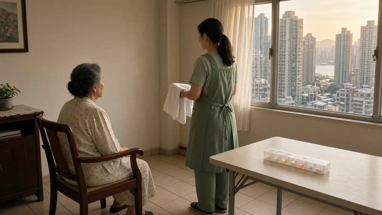 香港住宅內,照顧員站在長者身旁,窗外是屋邨同海港